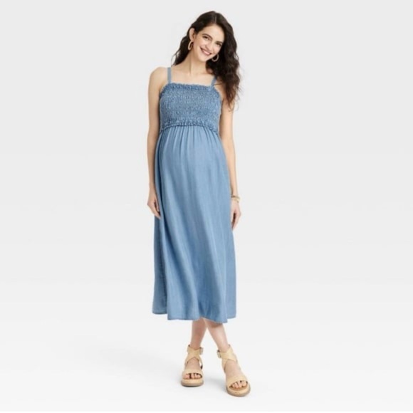 Isabel Maternity Denim Smock Dress Chambray Blue Sleeveless Maxi Midi Medium - Picture 1 of 5